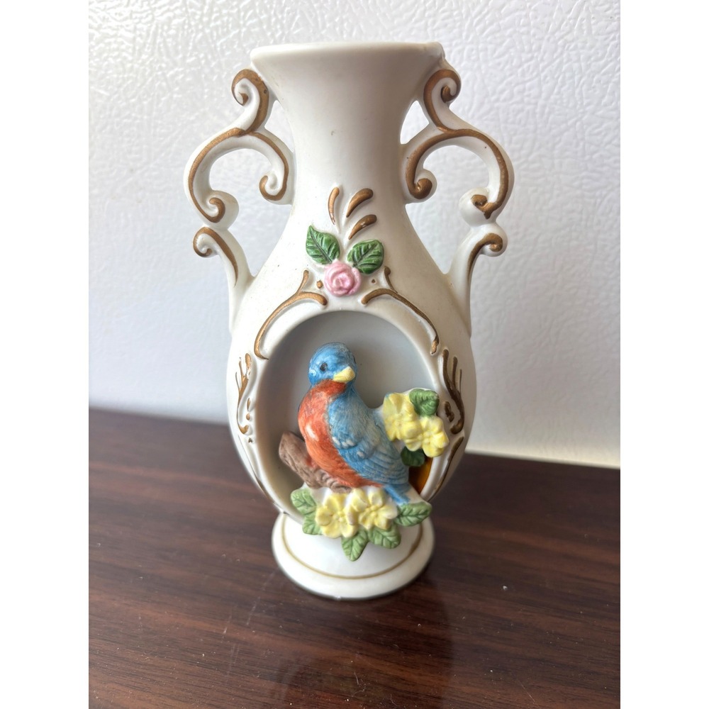 J.S.N.Y. Vtg Ceramic Bluebird Bud Vase‎ Gold Gilt Trim Scrolled Handles Taiwan